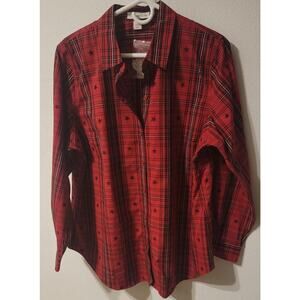 Coldwater Creek Button Up Shirt Womans 18W Red White Plaid Star 4th Of.NWOT